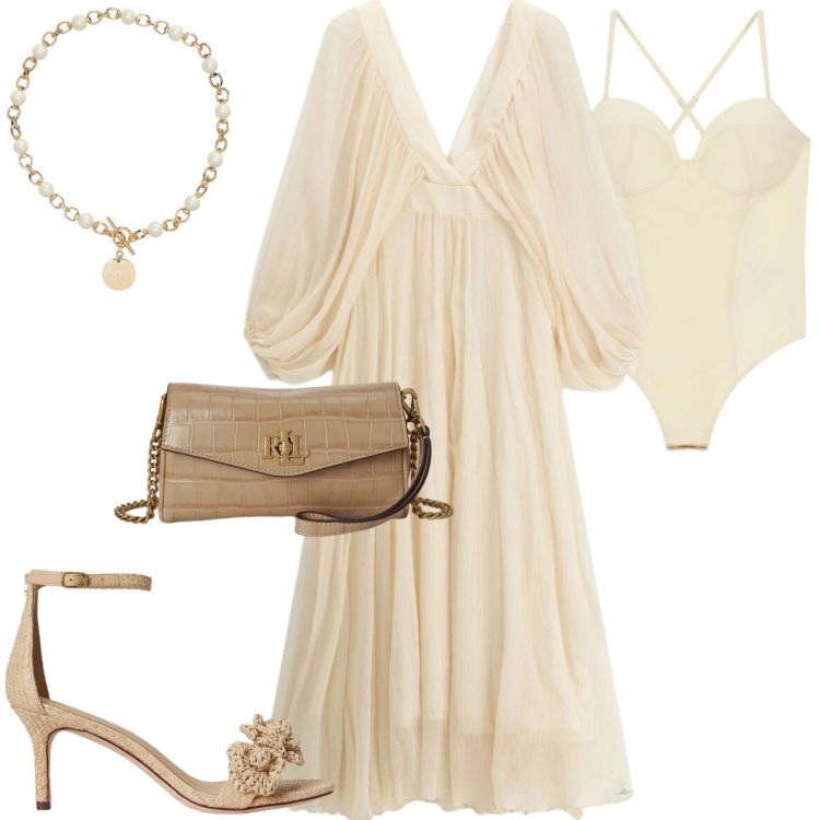 Outfit donna - Italian Summer. Stile Chic per Serata fuori. Abbinamento con vestiti lunghi, body, sandali in pelle, collane, portafogli.