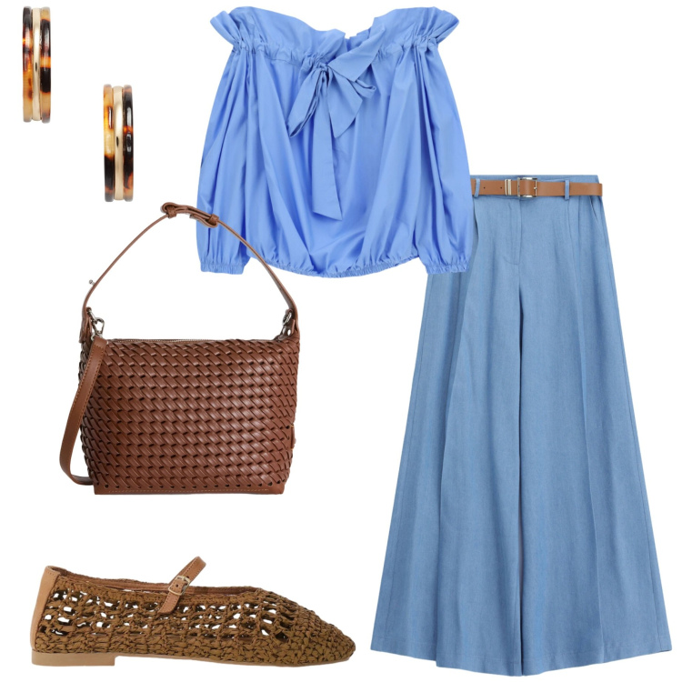 Outfit donna - Italian Summer. Stile Casual chic per Tutti i giorni. Abbinamento con borse a spalla, jeans, bluse, ballerine, orecchini.