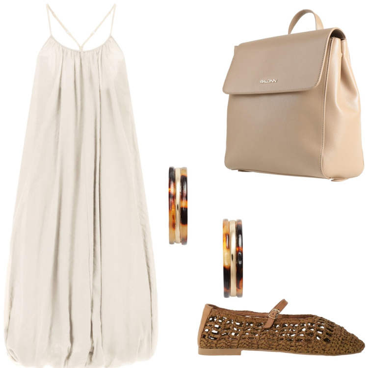 Outfit donna - Le ballerine intrecciate. Stile Trendy per Tutti i giorni. Abbinamento con zaini, vestiti lunghi, ballerine, orecchini.