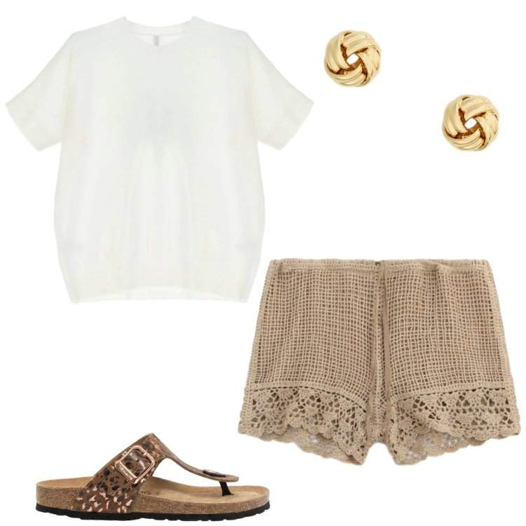 Outfit donna - Simple crochet. Stile Casual per Tutti i giorni. Abbinamento con infradito, shorts, t-shirt, orecchini.