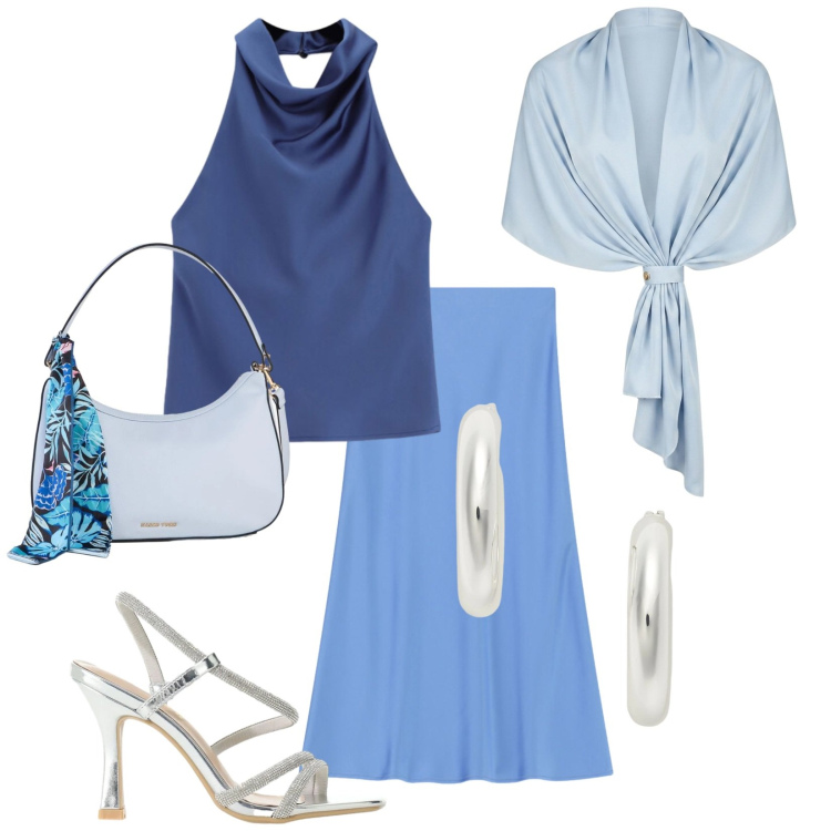 Outfit donna - Battesimo di Tommaso. Stile Chic per Cerimonia. Abbinamento con borse a mano, stole, gonne longuette, sandali col tacco, top, orecchini.