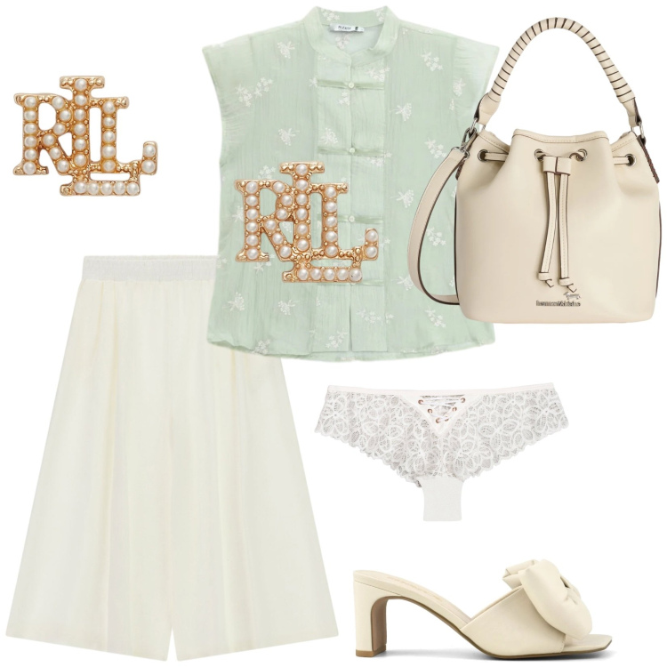 Outfit donna - Battesimo di Giada. Stile Chic per Cerimonia. Abbinamento con culotte, borse a secchiello, camicie a manica corta, pantaloni a palazzo, orecchini, sandali col tacco.