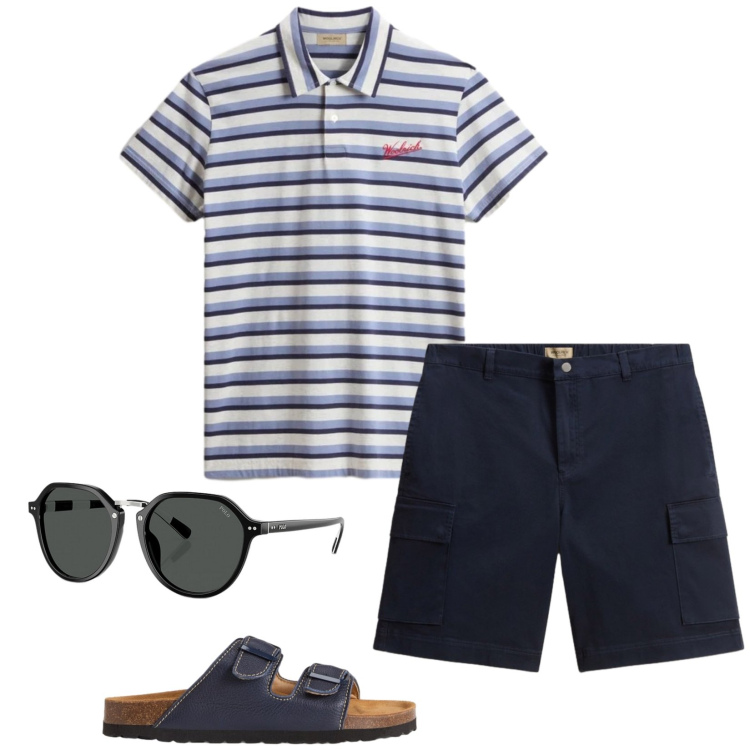 Outfit uomo - Aperitivo sul lungomare. Stile Trendy per Serata speciale. Abbinamento con sandali, pantaloni corti, polo, occhiali da sole.