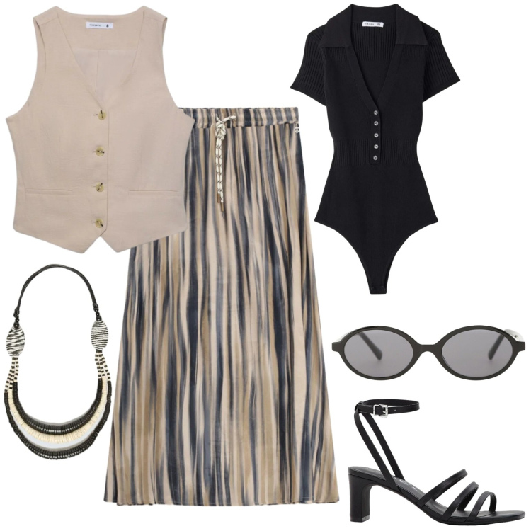 Outfit donna - Total look #2430026. Stile Casual chic per Tutti i giorni. Abbinamento con sandali col tacco, gilet, t-shirt, occhiali da sole, gonne lunghe, collane.