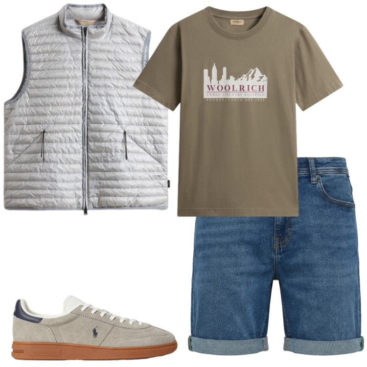 Outfit uomo - Total look #2430028. Stile Casual per Tutti i giorni. Abbinamento con bermuda, t-shirt, piumini, sneakers.
