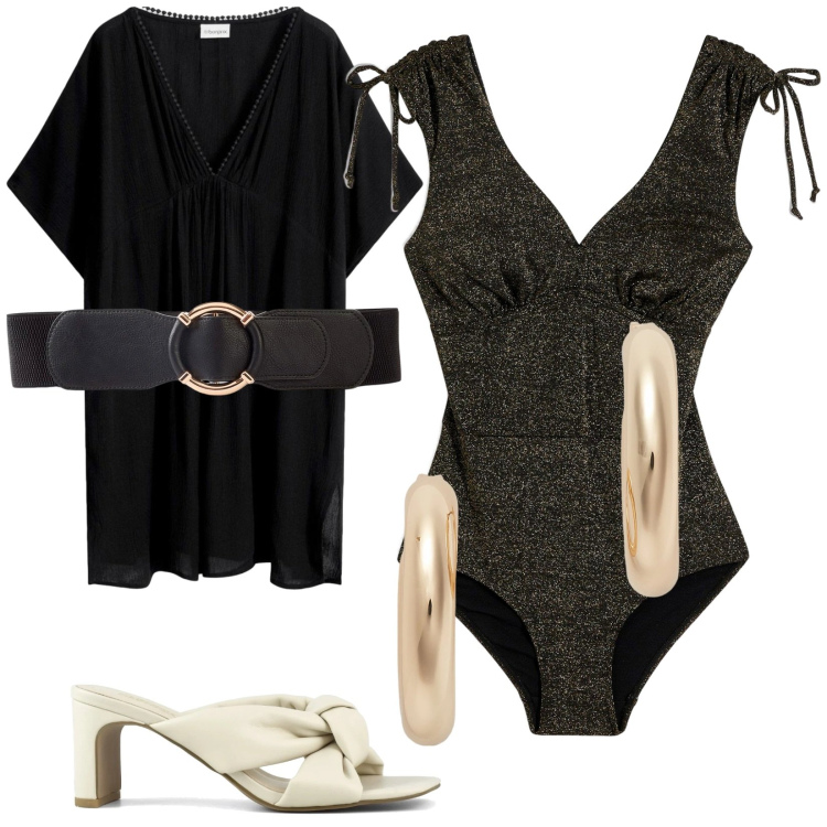 Outfit donna - L\'intero modellante. Stile Glamour per Mare. Abbinamento con vestiti da spiaggia, cinture, costumi interi, orecchini, sandali col tacco.