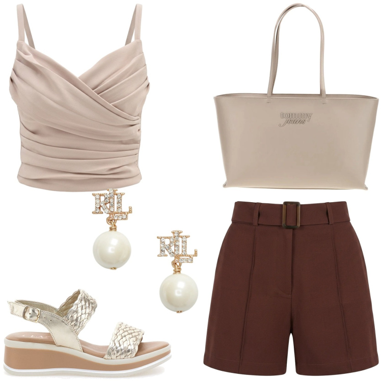 Outfit donna - Old money style. Stile Chic per Cerimonia. Abbinamento con shorts, canottiere, orecchini, sandali, borse a spalla.