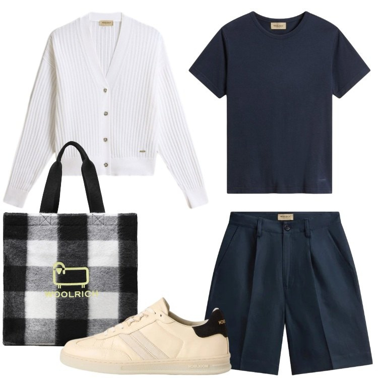 Outfit donna - Woolrich - Summer Layers. Stile Casual per Tutti i giorni. Abbinamento con borse tote, pantaloni corti, sneakers, cardigans, t-shirt.