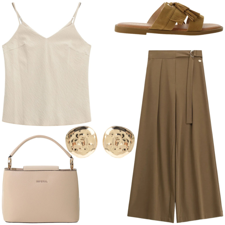 Outfit donna - I pantaloni jolly dell\' estate. Stile Trendy per Tutti i giorni. Abbinamento con pantaloni a palazzo, canottiere, borse a secchiello, sandali, orecchini.