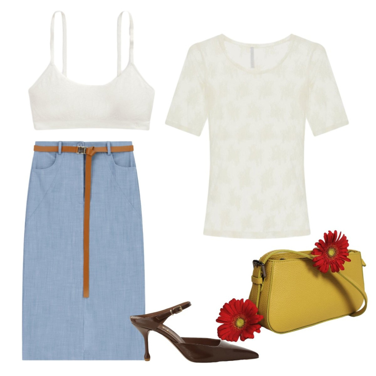 Outfit donna - Gonna summer. Stile Basic per Ufficio. Abbinamento con gonne longuette, t-shirt, décolleté, borse a spalla, reggiseni.