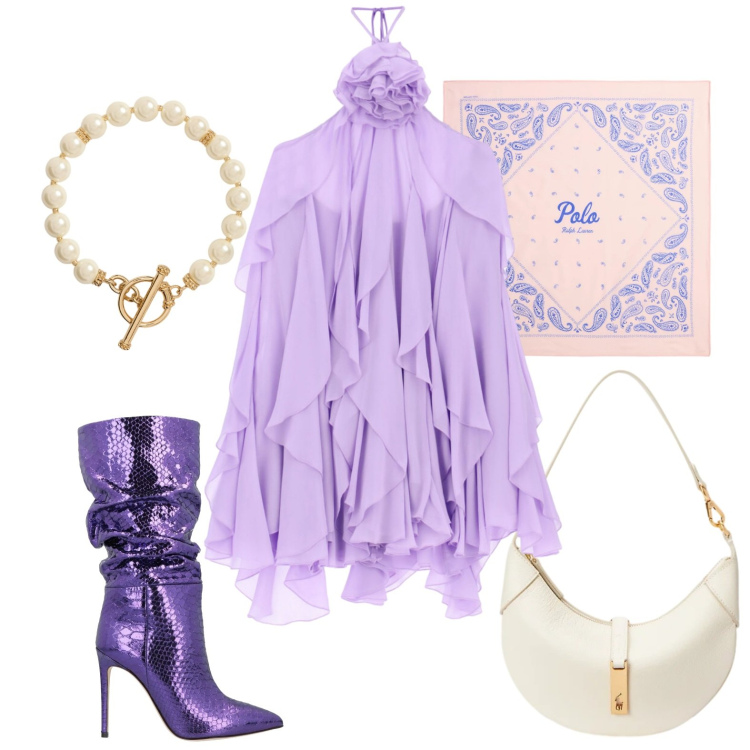 Outfit donna - Eccentrica. Stile Rock per Serata fuori. Abbinamento con stivali, vestiti corti, borse a spalla, collane, fasce per capelli.