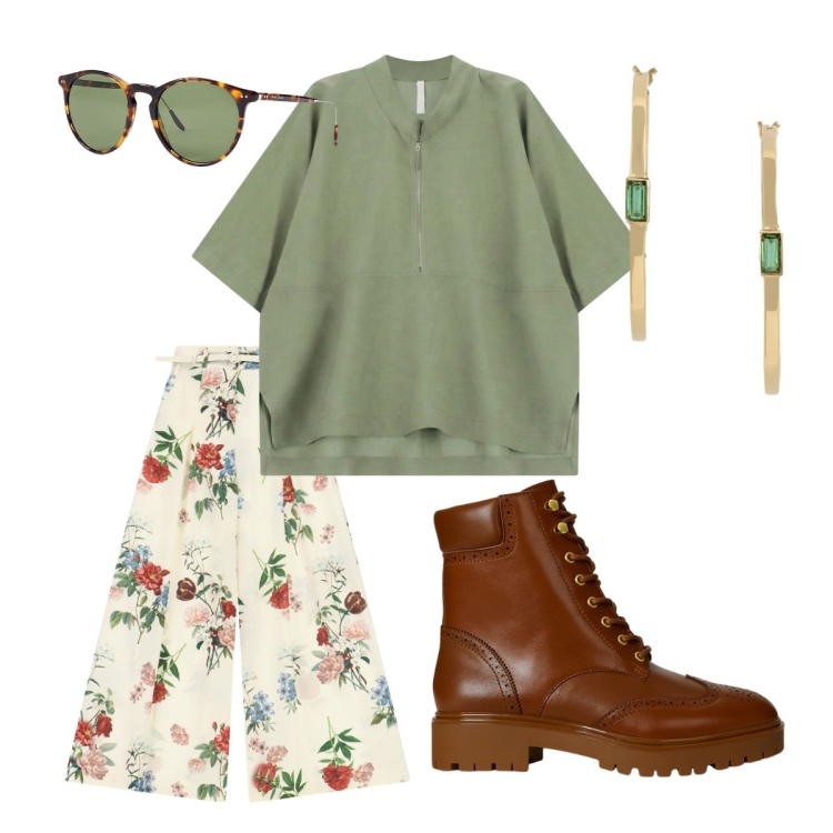 Outfit donna - Camicia summer. Stile Romantica per Tutti i giorni. Abbinamento con pantaloni a palazzo, polo, occhiali da sole, orecchini, anfibi.