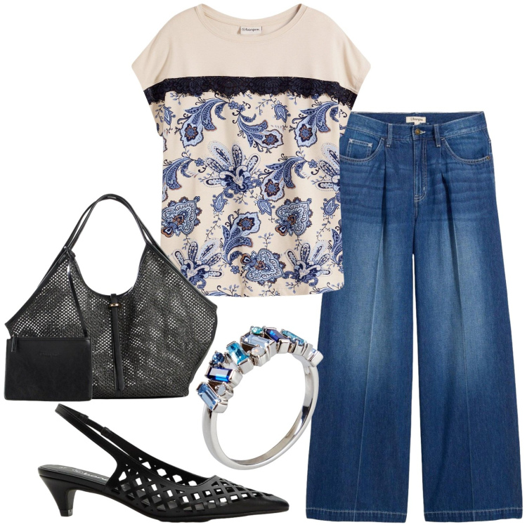 Outfit donna - Total look #2430064. Stile Casual per Tutti i giorni. Abbinamento con t-shirt, jeans, shopping bag, décolleté, anelli.