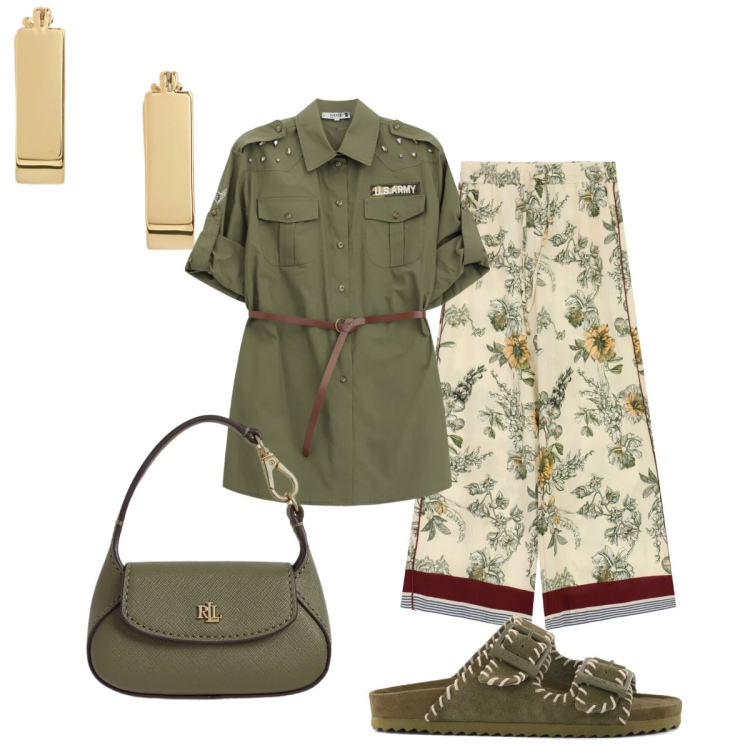 Outfit donna - Verde salvia un colore che fa tendenza. Stile Boho per Ufficio. Abbinamento con camicie, pantaloni a palazzo, borse a mano, orecchini, sandali in pelle.