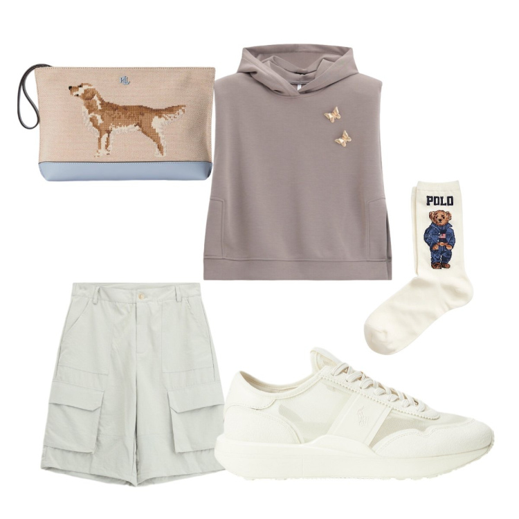 Outfit donna - Felpa summer. Stile Sporty chic per Serata fuori. Abbinamento con bermuda, felpe con cappuccio, sneakers, calzini, pochette.