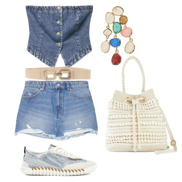 Outfit donna - Summer in jeans. Stile Rock per Tutti i giorni. Abbinamento con borse a secchiello, top, shorts, orecchini, sneakers, cinture.