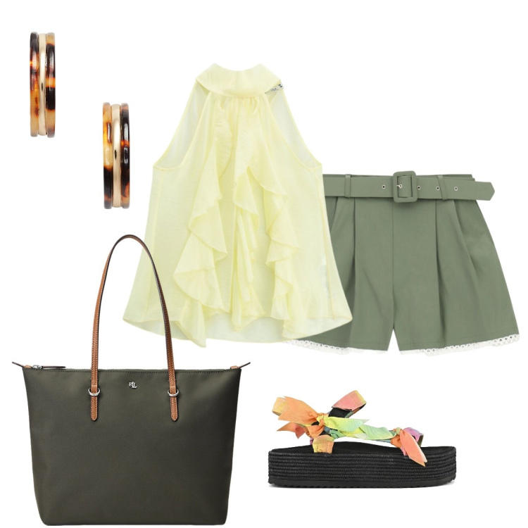 Outfit donna - Per le vie del centro. Stile Glamour per Tutti i giorni. Abbinamento con shorts, top, borse tote, orecchini, sandali.