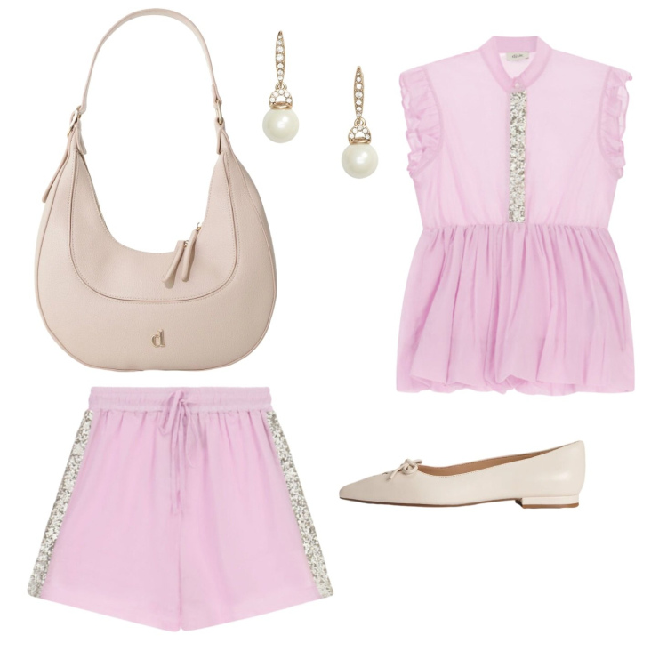 Outfit donna - Cerimonia ad agosto. Stile Romantica per Cerimonia. Abbinamento con top, borse a tracolla, shorts, orecchini, ballerine.