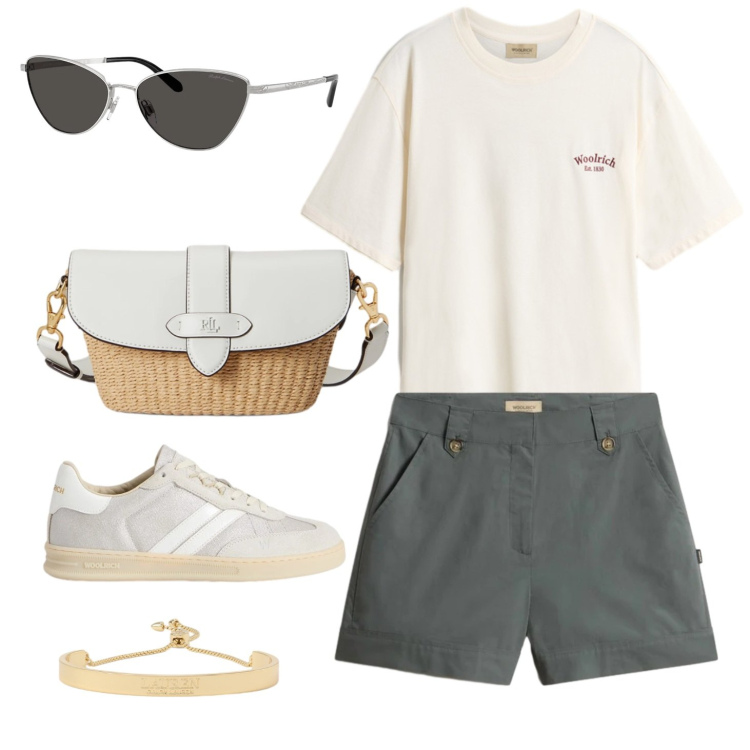Outfit donna - Summer casual chic. Stile Casual chic per Tutti i giorni. Abbinamento con occhiali da sole, borse a spalla, braccialetti, t-shirt, pantaloni corti, sneakers.