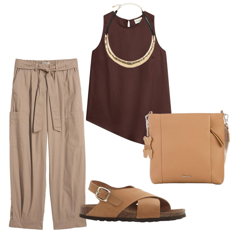 Outfit donna - Total look #2430076. Stile Casual per Tutti i giorni. Abbinamento con canottiere, pantaloni cargo, collane, sandali in pelle, borse a tracolla.