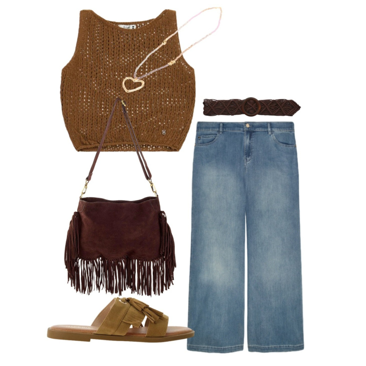 Outfit donna - Boho col cuore. Stile Boho per Tutti i giorni. Abbinamento con borse a tracolla, cinture, sandali, top, jeans dritti, collane.