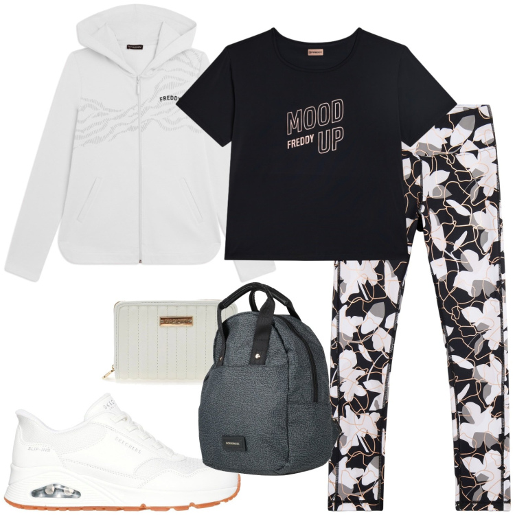 Outfit donna - Sportiva. Stile Casual per Sport. Abbinamento con zaini, leggings, felpe con cappuccio, t-shirt, sneakers, portafogli.