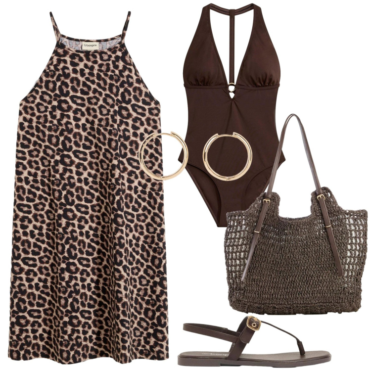 Outfit donna - Total look #2430080. Stile Chic per Mare. Abbinamento con shopping bag, costumi interi, vestiti, sandali, orecchini.