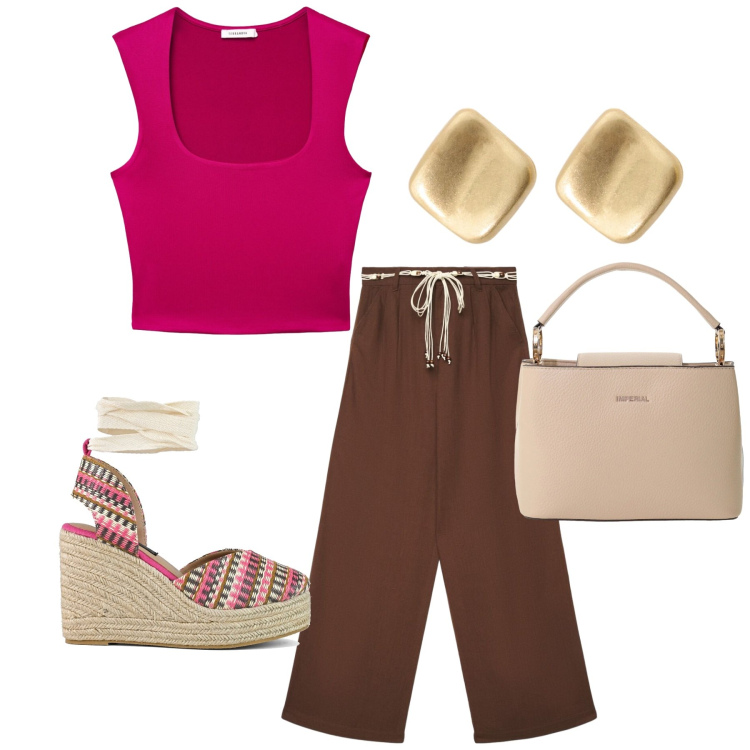 Outfit donna - Total look #2430083. Stile Basic per Tutti i giorni. Abbinamento con top, pantaloni, borse a secchiello, orecchini, zeppe.