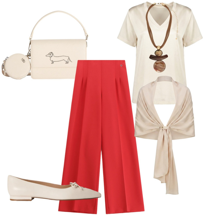 Outfit donna - Cerimonia estiva. Stile Casual chic per Cerimonia. Abbinamento con borse a tracolla, stole, pantaloni a palazzo, ciondoli, t-shirt, ballerine.