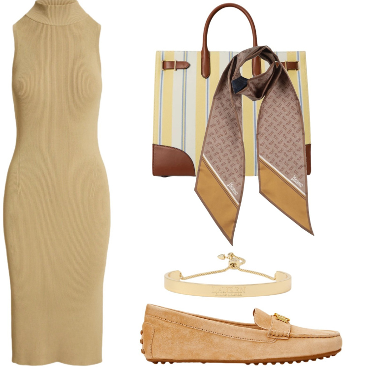 Outfit donna - Weekend al mare. Stile Chic per Tutti i giorni. Abbinamento con sciarpe, vestiti senza maniche, mocassini, braccialetti, borse tote.
