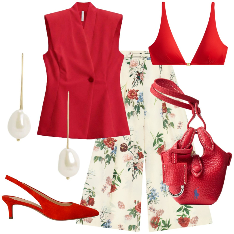 Outfit donna - Colore. Stile Casual chic per Serata fuori. Abbinamento con gilet, pantaloni a palazzo, décolleté, bikini, orecchini, portachiavi.