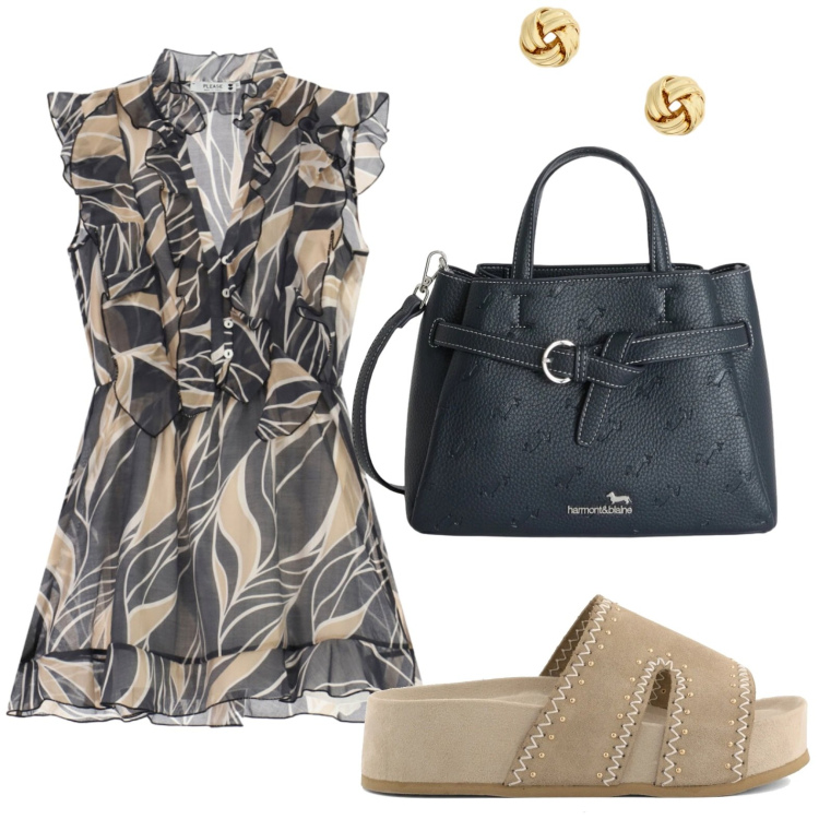 Outfit donna - Pattern sotto il sole. Stile Casual per Tutti i giorni. Abbinamento con borse a mano, vestiti corti, orecchini, zeppe.
