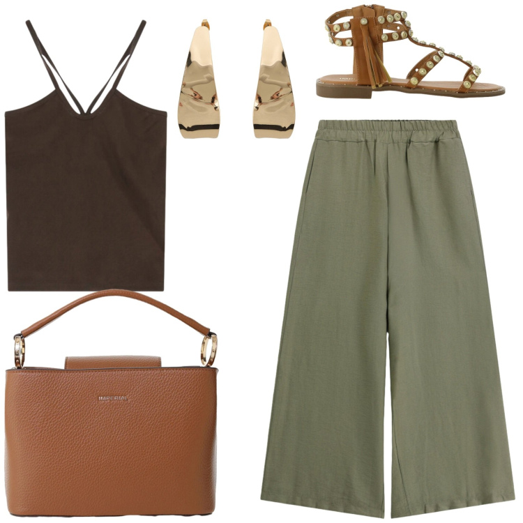 Outfit donna - City. Stile Urban per Tutti i giorni. Abbinamento con canottiere, borse a secchiello, sandali, pantaloni, orecchini.