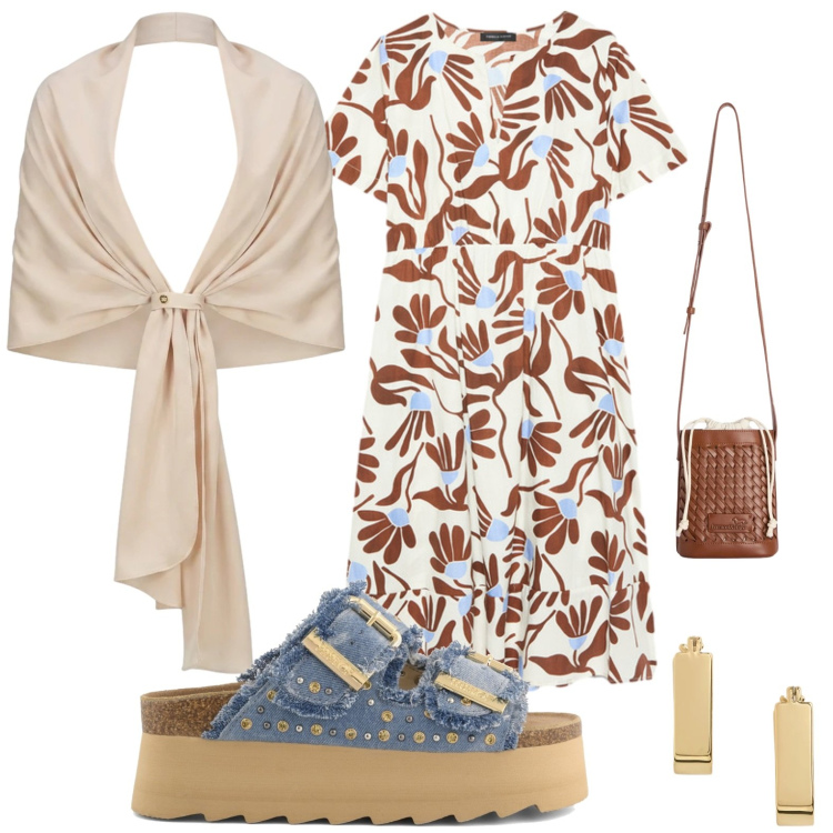Outfit donna - Pattern sotto il sole. Stile Casual per Tutti i giorni. Abbinamento con borse a secchiello, stole, vestiti lunghi, orecchini, zeppe.