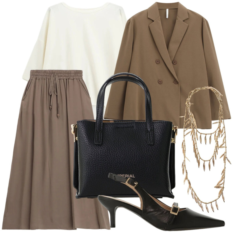 Outfit donna - In ufficio. Stile Chic per Ufficio. Abbinamento con bluse, gonne lunghe, sandali col tacco, borse a tracolla, collane, blazer.