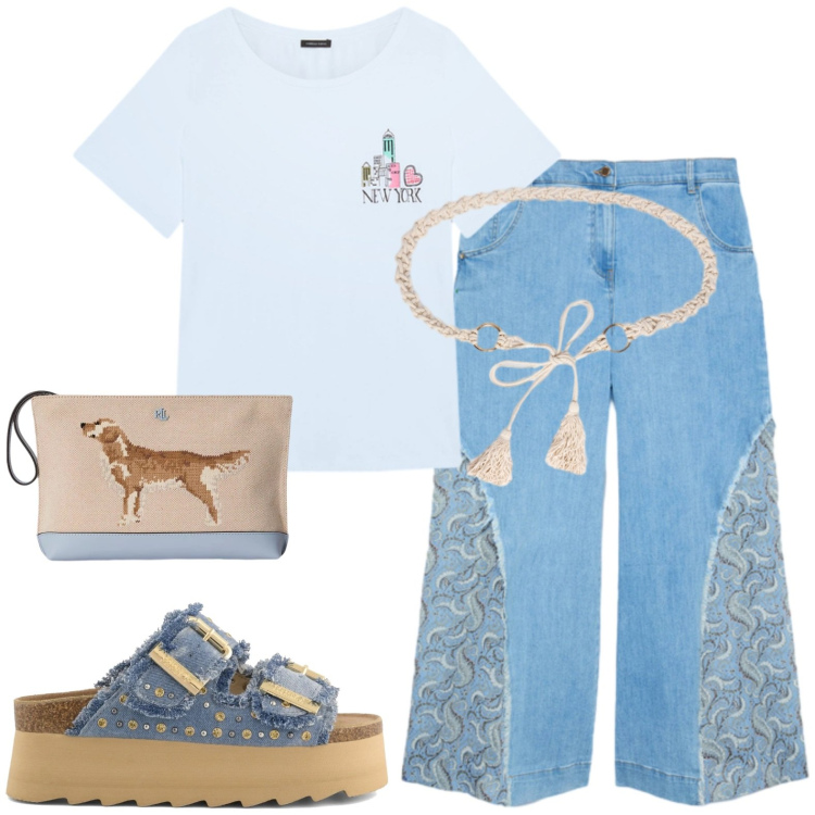 Outfit donna - Casual. Stile Casual per Tutti i giorni. Abbinamento con pantaloni, t-shirt, cinture, pochette, zeppe.