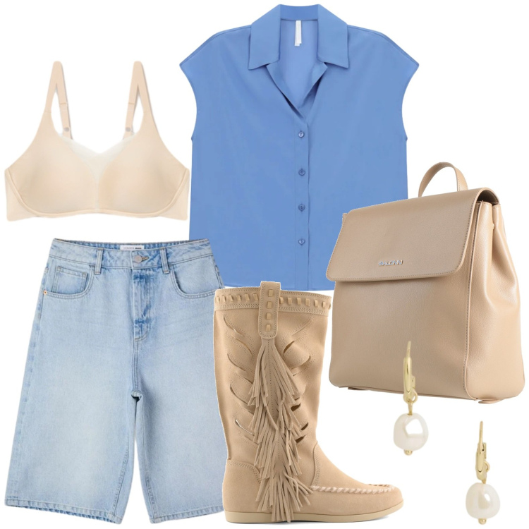 Outfit donna - Camicia estiva. Stile Basic per Tutti i giorni. Abbinamento con zaini, bermuda, camicie a manica corta, reggiseni, orecchini, stivali.