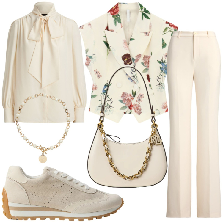 Outfit donna - Gilet floreale. Stile Glamour per Ufficio. Abbinamento con gilet, collane, pantaloni, sneakers, borse a spalla, camicie.