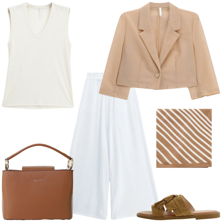 Outfit donna - Imperial -Italian Summer. Stile Casual chic per Tutti i giorni. Abbinamento con top, blazer, borse a secchiello, sandali, foulard, pantaloni.