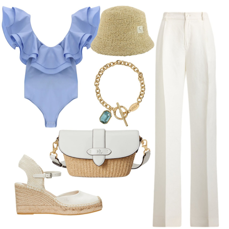 Outfit donna - Summer top. Stile Boho per Serata fuori. Abbinamento con cappelli, espadrillas, pantaloni, borse a spalla, braccialetti, top.