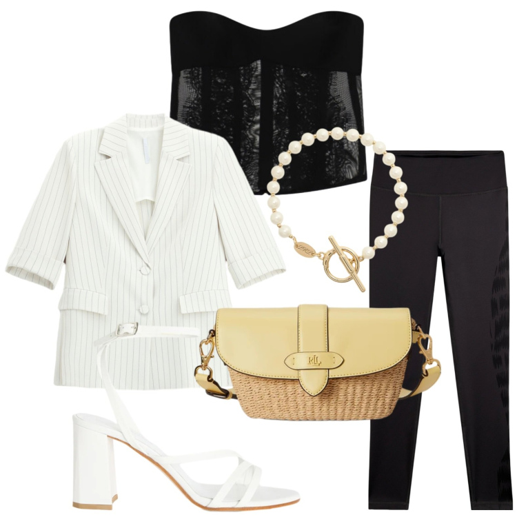 Outfit donna - Bustino rock. Stile Rock per Serata fuori. Abbinamento con sandali in pelle, top, blazer, leggings, borse a tracolla, braccialetti.