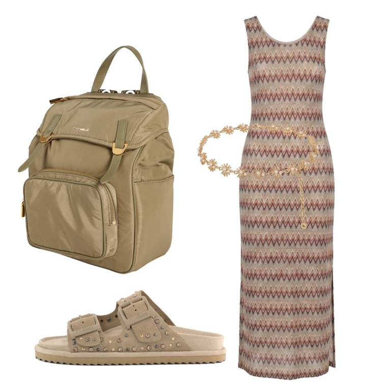 Outfit donna - Sandali protagonisti. Stile Glamour per Tutti i giorni. Abbinamento con zaini, vestiti lunghi, cinture, sandali in pelle.