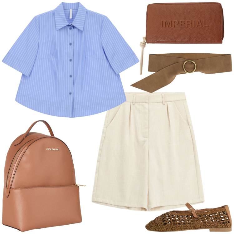 Outfit donna - Imperial -Italian Summer. Stile Casual chic per Tutti i giorni. Abbinamento con zaini, cinture, ballerine, bermuda, portafogli, camicie a manica corta.