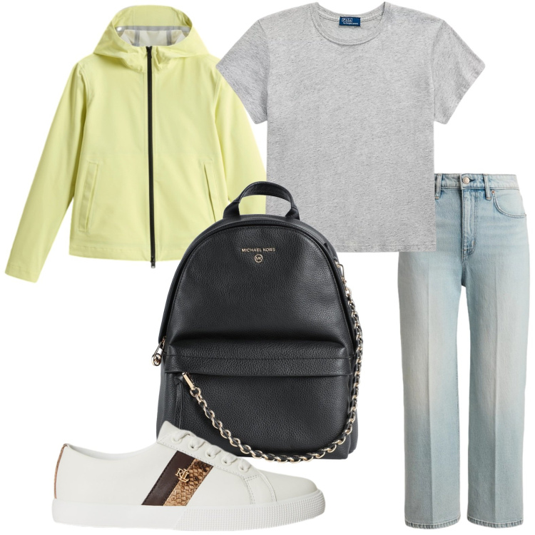 Outfit donna - Outfit casual. Stile Casual per Tutti i giorni. Abbinamento con zaini, t-shirt, jeans dritti, sneakers, blazer.