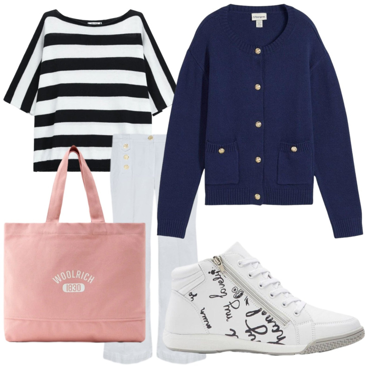 Outfit donna - Sneakers con graffiti. Stile Basic per Tutti i giorni. Abbinamento con cardigans, sneakers, top, jeans, borse tote.