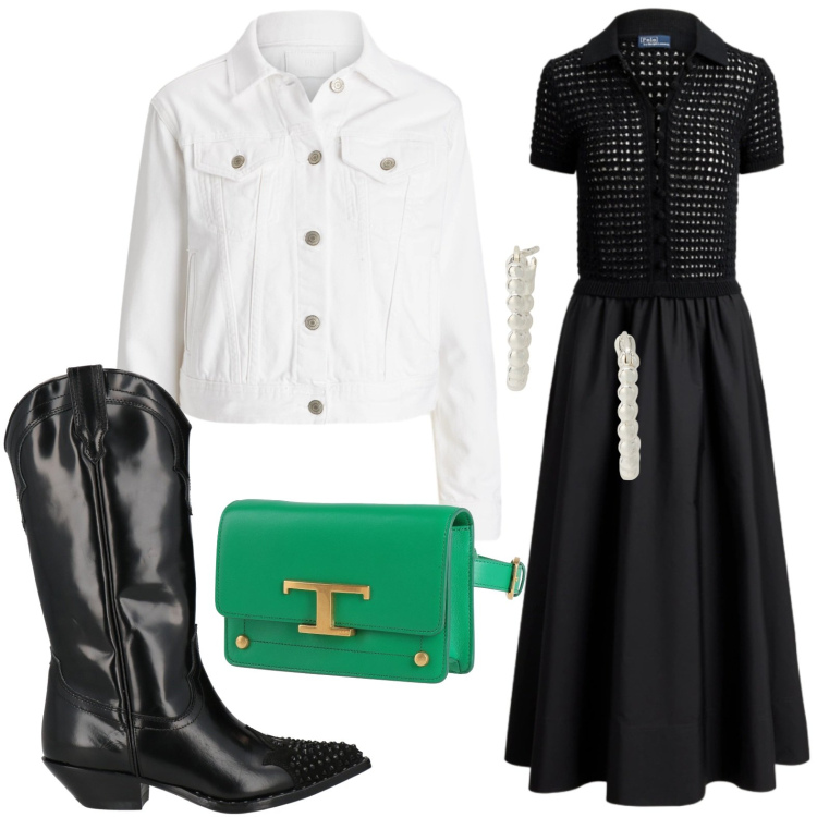 Outfit donna - Country moderno. Stile Trendy per Serata fuori. Abbinamento con stivali, marsupi, orecchini, vestiti, blazer.