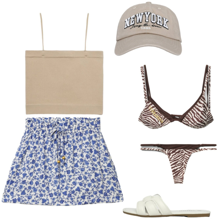 Outfit donna - Summer beach. Stile Trendy per Mare. Abbinamento con cappelli con visiera, top, shorts, bikini, bikini, ciabatte.
