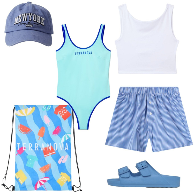Outfit donna - In braghe di tela. Stile Casual per Mare. Abbinamento con cappelli, top, pantaloni corti, ciabatte, zaini, costumi interi.