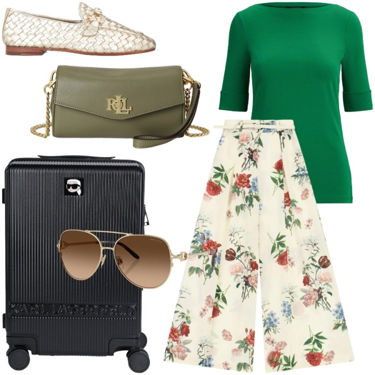 Outfit donna - Destinazione vacanza. Stile Chic per Tutti i giorni. Abbinamento con valigie, mocassini, pantaloni a palazzo, occhiali da sole, t-shirt, portafogli.