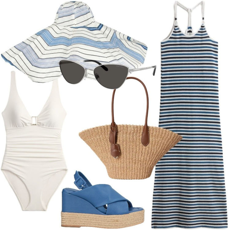 Outfit donna - Tutte righe. Stile Chic per Mare. Abbinamento con espadrillas, cappelli, occhiali da sole, borse tote, costumi interi, vestiti lunghi.